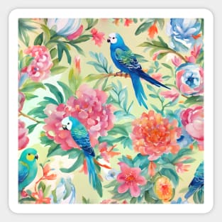 Flowers and Budgies on yellow watercolor painting Sticker